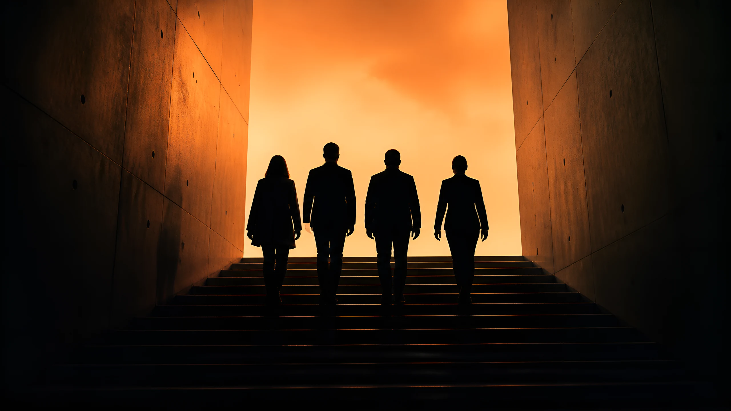 Four people walking up a staircase toward orange light