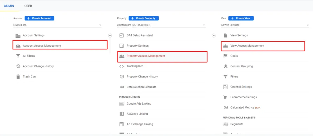 google analytics admin panel