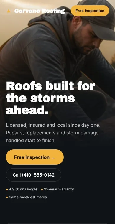 Corvane Roofing: Mobile landing page