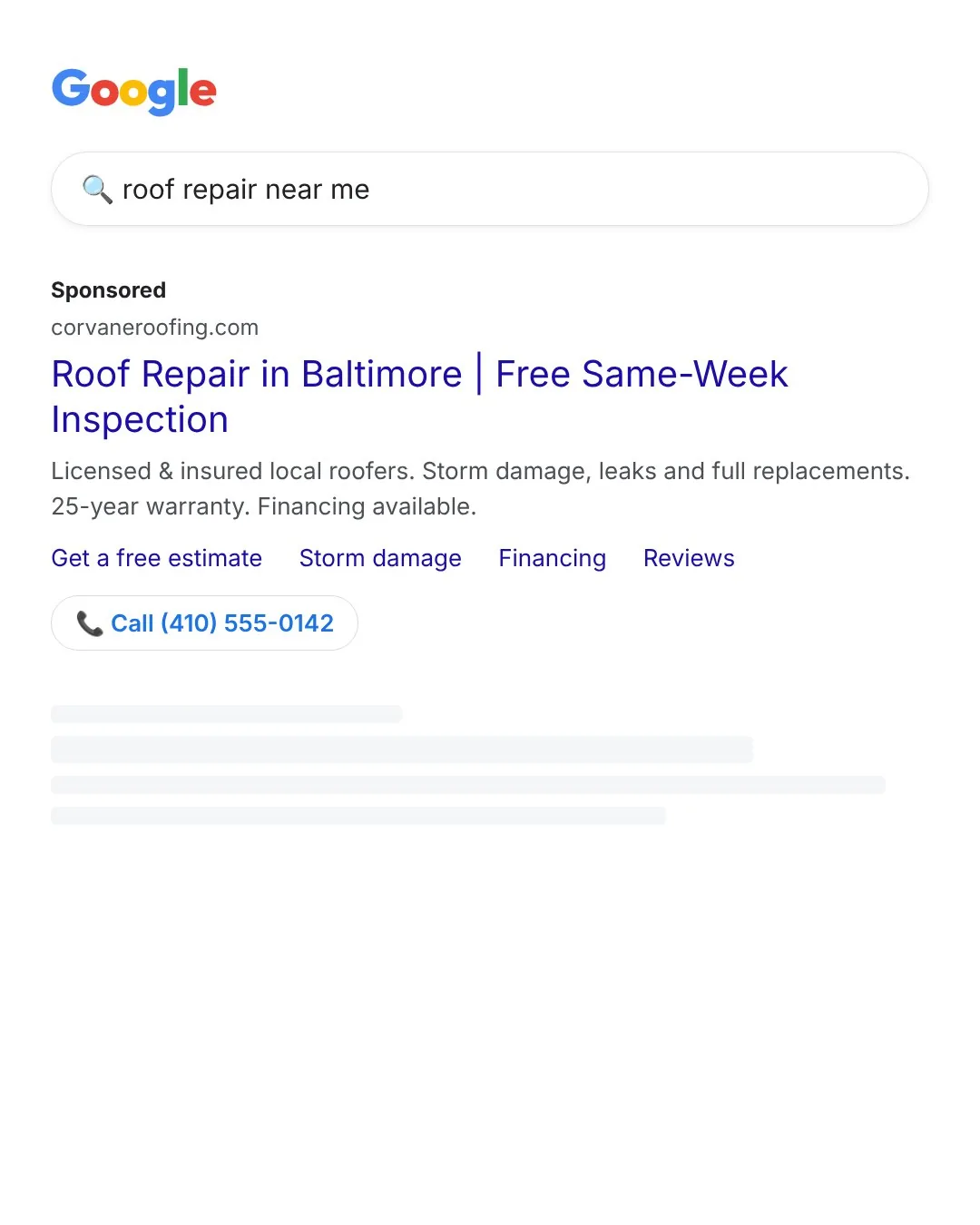 Corvane Roofing: Google search ad